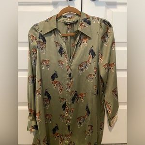 Zara Collared Button Up Dress with Sage Green and Big Cats, gold button details